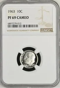 1963年ルーズベルトダイム、プルーフ10C NGC、PF 69カメオ