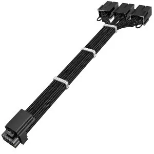 AsiaHorse PCIE 5.0 GPU 16AWG PC電源アダプター延長ケーブル、GPU 12VHPWR 電源スリーブ付きケーブル延長、16 ピン (12+4) から 3*8 ピン (GPU RTX 3090Ti/4070Ti/4080/4090 用)、30CM、黒