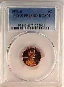 1973-S プルーフ リンカーン セント PCGS PR68 RD DCAM - 色あせたブルー ラベル。