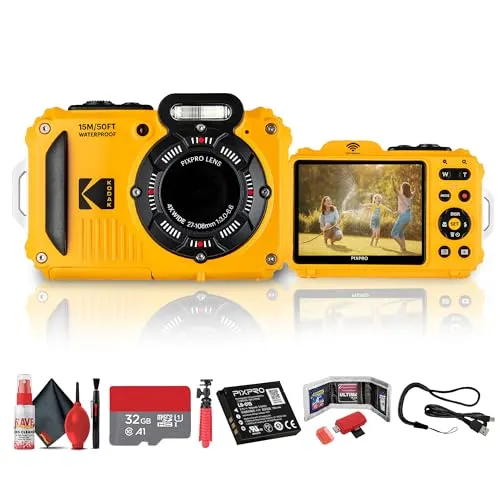 Kodak (コダック) PIXPRO WPZ2 デジタルカメラ(イエロー) | 防水、耐衝撃、防塵カメラ 16MPセンサー付き 1080pビデオ&4倍光学ズーム | 旅行&屋外用 + 32GBカード + Vlogger三脚 + その他