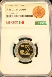 1995年 Mo メキシコ 2ペソ バイメタリック NGC PF 69 ウルトラカメオ 低鋳造枚数 トップポップ