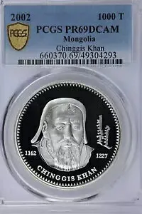 2002 モンゴル シルバー 1000 トグロッグ - チンギス カーン - PCGS PR 69 DCAM