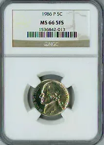 1986 P ジェファーソン ニッケル NGC MS66 FS 2 番目の最高級グレード。