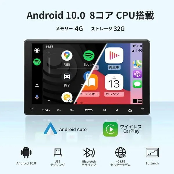 ATOTO S8G2114MX 10.1インチ フルタッチ型 2DIN 4G+32G カーナビ