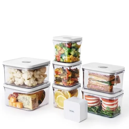 VAKUEN プレミアム真空保存容器 8点セット(真空ポンプ付き)、バルブ式簡単開閉、BPAフリー、100%漏れ防止、通常の保存容器と比べて、鮮度最大5倍長持ち(0.5L × 3個, 1.0L × 2個, 1.4L × 2個, 真空ポンプ × 1個)