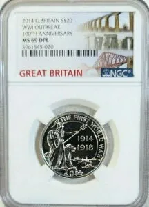 2014 シルバー英国 20 さき第一次世界大戦アウトブレーク記念日NGC MS 69 DPL -