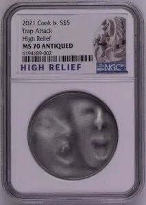 NGC MS70 2021 クック諸島トラップアタック銀貨 1オンス COA