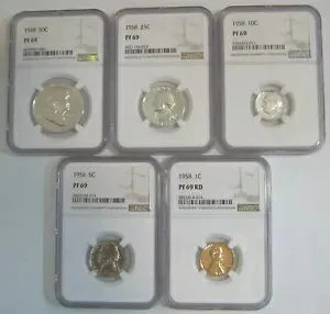 ブラスト ホワイト 1958 プルーフ セット - すべての 5 コイン グレード NGC PR69、PF69、PR 69