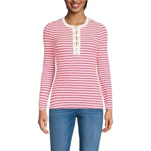 ランズエンド レディース トップス Tシャツ Women's Lands' End Polished Rib Tie Henley Top Ivory Berry Stripe アイボリー
