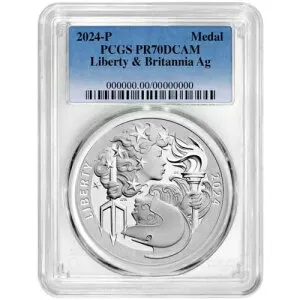2024-P 1オンス プルーフ リバティ＆ブリタニア シルバーメダル PCGS PR70DCAM ブルーラベル