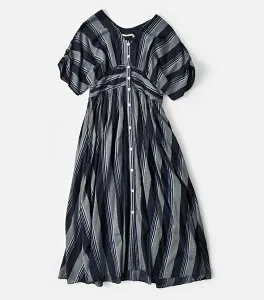 ne Quittez pas ヌキテパ コットンボイル ストライプ ウエストギャザー ドレス Cotton Voile Stripe Waist Gather Dress 010461wn1 レディース ワンピース 半袖 裏地付き ロング 前開き 2026ss新作 春夏