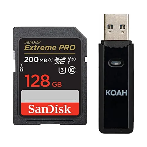 SanDisk 128GB Extreme PRO SDXC UHS-I メモリーカード - C10、U3、V30、4K UHD SDカードバンドル、2イン1 USB 3.0メモリーカードリーダー付き。