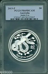 2013-P ルナー S$8 オーストラリア スネーク イヤー 5 オンスシルバー PCGS PF69 PR69 希少なミント