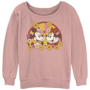 ディズニー レディース トップス Tシャツ フラワー柄 パイル フラワー グラフィック Disney's Mickey Mouse And Minnie Floralove Juniors' Graphic Slouchy Terry Desert Pink ピンク