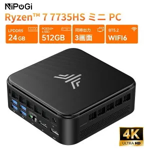 【本日限定15%オフ】 ゲーミング ミニpc AMD Ryzen7 7735HS最大4.75GHz 24GB LPDDR5 512GB/1TB SSD 8C16T 4TBまで増設可能 ミニpc mini pc 4K60Hz 3画面同時出力 小型pc静音 冷却ファン搭載 高速WiFi 6 Bluetooth5.2 USB*6/HDMI/