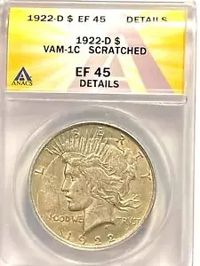A9101、ピース銀貨 ANACS 1922 D EF 45 希少 VAM 1C