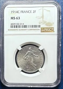 フランス、第一次世界大戦、2フラン、1914-C、カステルサラザン、銀貨、NGC MS63、一時鋳造
