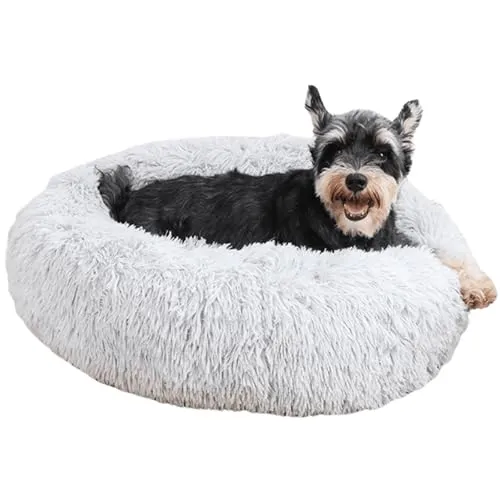 室内猫用キャットベッド、洗濯機洗い可能なふわふわラウンドペットベッド、滑り止め、落ち着くソフトプラッシュドーナツベッド、小型犬子猫用セルフウォーミング、ダブルリング固定（ライトグレー、L）(Light Grey,XXL)