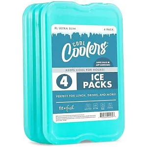Fit & Freshクールクールパック XL 4個セット、ランチボックスやクーラー用のスリムアイスパック、クイックフリーズで省スペース、緑色夏休スペシャル
