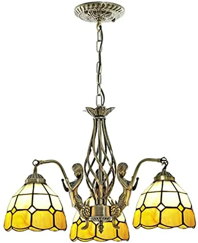 Vintage E26 Chandelier, Stained Glass Shade Ceiling Lamps Classic Bedroom Hotel Decor Ceiling Lamp-5-Lights 60X46Cm-3-lights-56x