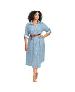 アベニュー レディース トップス ワンピース シャツ AVENUE Women's Leona Stripe Shirtdress With Belt Blue white ホワイト