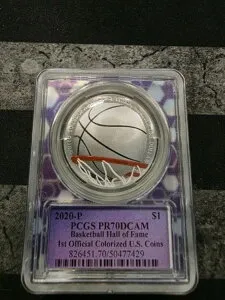 2020-P シルバープルーフ バスケットボール殿堂入り $1 - 初カラー化 - PCGS PR70 DCAM