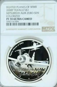 2008年 ツバル 銀貨 1ドル 第二次世界大戦 三菱 A6M 零戦 NGC PF 70 ウルトラカメオ