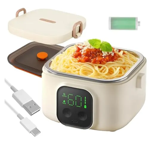 【2026年登場・バッテリー内蔵・usb充電式】電熱弁当箱 大人子供兼用 8800mAh 電熱ランチボックス 304ステンレス 高速加熱 Type-C充電対応 保温弁当箱 可脱着式内胆 携帯便利 IPX7防水 お手入れ簡単 家/オフィス/車内/旅行/アウト