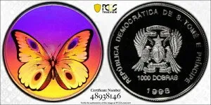 1998年 セント・トーマス＆プリンス 1000ドブラス シルバー バタフライ ホログラム - PCGS PR69 DCAM