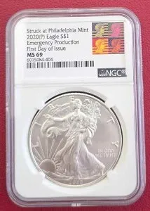 2020P イーグルシルバー 0.999 コイン 緊急生産 発行初日 MS 69 NGC