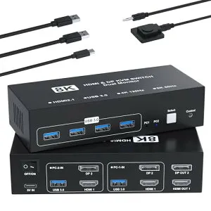 8K@60Hz HDMI+DisplayPort KVMスイッチ 2入力2出力 PC 2台モニター2台 KVM 切替器 パソコン2台モニター2台