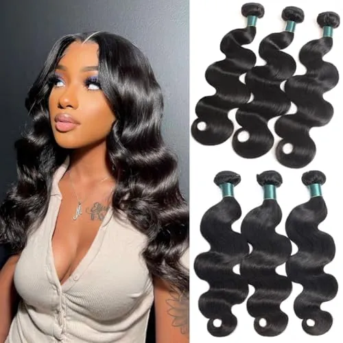 Superfect 人毛束 ボディウェーブ束 人毛 12A 100% 未処理 ブラジリアンバージンヘアウーブ3束 ナチュラルブラックカラー(14 16 18、ボディウェーブ3束)