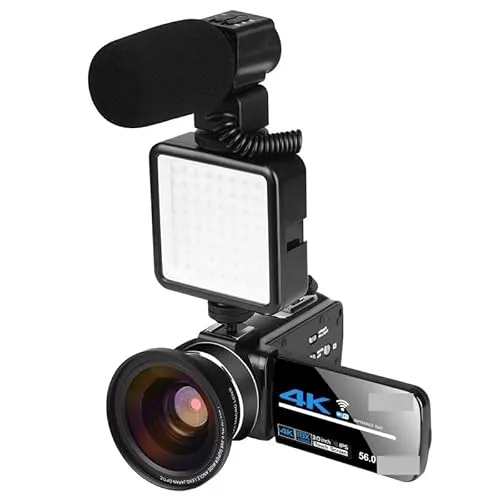 デジタルカメラ フル 4K ビデオカメラ プロフェッショナル ビデオ カメラ ライブ ストリーミング ナイト ビジョン 58MP 写真 デジタル カメラ Vlog 録画 初心者向けギフト(128G SD Card,With Lens Light MIC)