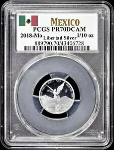 2018-Mo メキシコ 1/10 オンザ オンス .999 ファイン シルバー プルーフ リベルタ PCGS PR 70 DCAM PF
