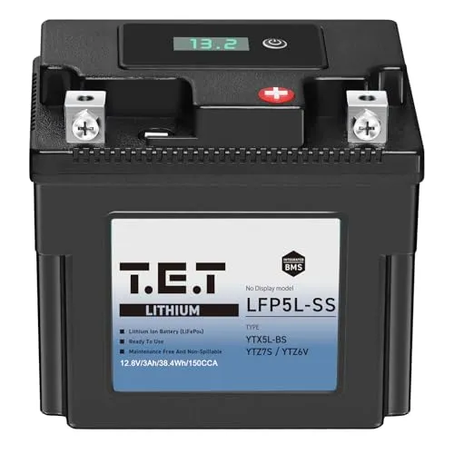 T.E.T LFP5L-SS 超軽量 バイク バッテリー リチウムイオン YTX5L-BS / YTZ7S / YTZ6V 専用 3Ah 150CCA 38.4Wh BMS電圧計搭載 LiFePO4 バイク用TET 長期保証(LFP5L-SS)