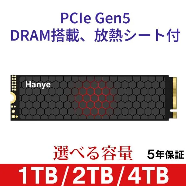 Hanye 内蔵SSD 1TB 2TB 4TB PCIe Gen5 M.2 NVMe 2280 DRAM搭載 SMI 6nmコントローラー搭載 放熱シート付 PS5動作確認済 5年保証 翌日配達