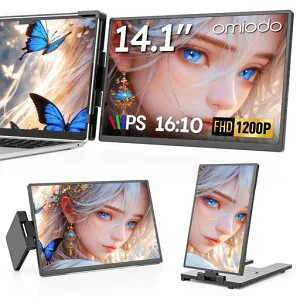デュアルモニターOmiodo14インチトリプルモニターFHD1200PIPSポータブルモニター適用14~17.3インチノートパソコン2画面拡張USB-C/HDMI対応Mac/XBOX/PS4/Switch対応ゲームモニター