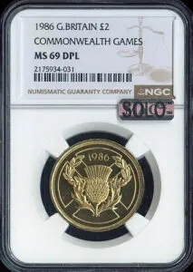 1986 イギリス 2 ポンド コモンウェルス ゲームズ NGC MS69 DPL MAC SOLO FINEST。