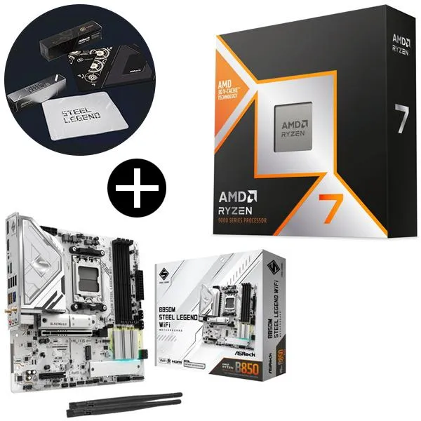 AMD Ryzen 7 9800X3D CPU + ASRock B850M Steel Legend WiFi Micro-ATXマザーボード + ASRockオリジナルマウスパッド セット