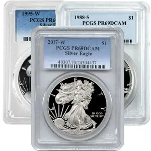 1オンス プルーフ アメリカン シルバー イーグル PR/PF69 (ランダム年、ラベル、PCGS または NGC)