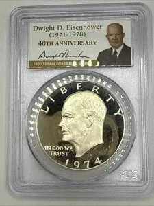 1974-S シルバー アイゼンハワー・アイク・ダラー PCGS PR-69 DCAM 40周年記念サイン #7584