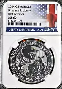 2024 シルバー ブリティッシュ ブリタニア & US リバティ 1OZ NGC MS69 英国コイン ?2 英国