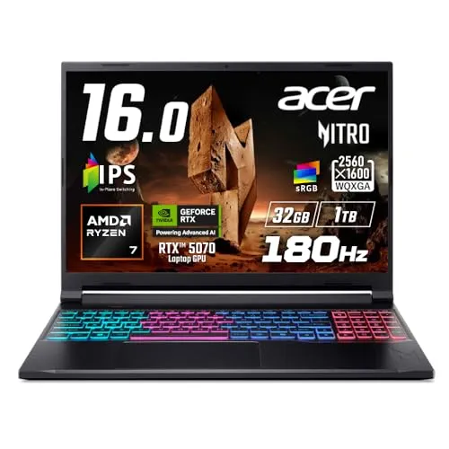 Acer Nitro V 16S AI Ryzen 7 260 RTX 5070 32GBメモリー 1TB SSD 16インチ WQXGA 16:10 IPS 非光沢 180Hz デュアルファン クアッド吸排気 sRGB 100% 92万画素 Webカメラ