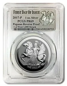 2017 P BVI ペガサス リバース プルーフ 1 オンス シルバー コイン、PCGS PR69、発行初日