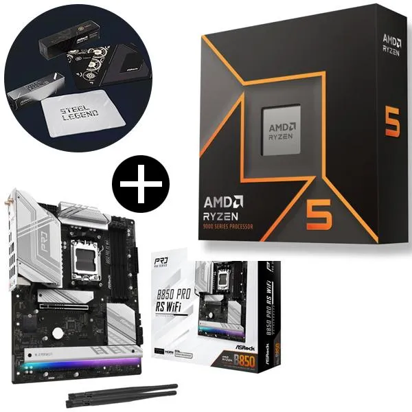AMD Ryzen 5 9600X W/O Cooler WOF (6C/12T、3.9GHz、65W) CPU + ASRock B850 Pro RS WiFi ATXマザーボード + ASRockオリジナルマウスパッド セット