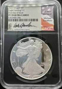 2021年 サウスアメリカン シルバーイーグル T-2 NGC PF70 FDI マイケル・ガウディオソ サイン入り