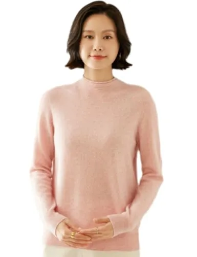 [Aecsoc] レディースカシミヤ100%ニットクルーネック長袖セーター通気性 軽量無地 通勤 プルオーバー NF8426(ピンク,L)
