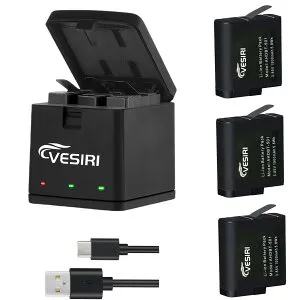 Vesiri Hero 7/6/5 バッテリー 急速充電器セット 3*1500mAh ヒーロー予備バッテリー Heroチャージャー LED付き充電器 Type C Micro USB 充電器 同時充電可能 充電保護 対応種類 (Hero7/Hero6/Hero5 Black カメラに