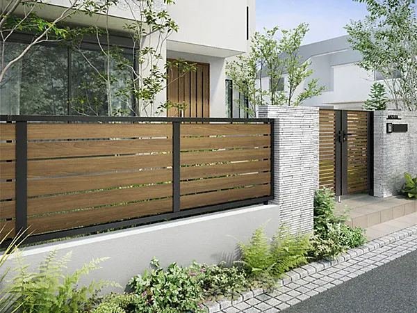 フェンス(工事費込み) フェンスAB YS3型 横スリット3 複合色[幅:2000mm 高さ:1000mm カラータイプ:ブラック+チェリーウッド(木目調)] LIXIL リクシル | 外構 ガーデニング 置くだけ diy おしゃれ 160 1800 h1500 2m 高さ180 単品可 板 支柱 モダン シート つる フラワースタ