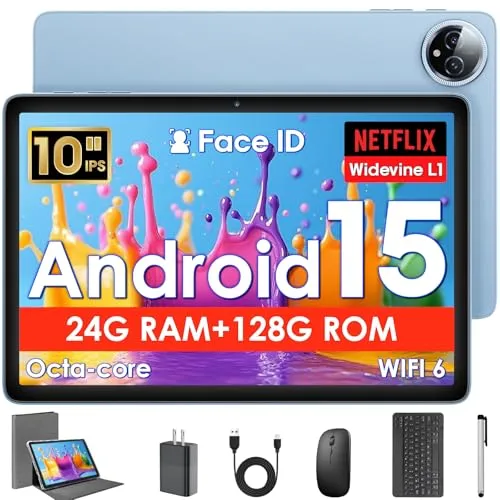 10インチ Android 15 タブレット キーボード付き10インチタブレット 24GB+128GB 1TB 拡張 オクタコア 2.4G/5G WiFi、8000mAh、BT5.4、GPS、Widevine L1、IPSタッチスクリーン、2in1ケース、